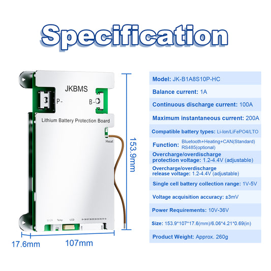 JKBMS Smart BMS with Heat CAN RS485 4S-8S 12V-24V 100A 1A Active Balance with Bluetooth Battery Protection Board for LiFePO4 Li-ion LTO Battery Pack (JK-B1A8S10P-HC)