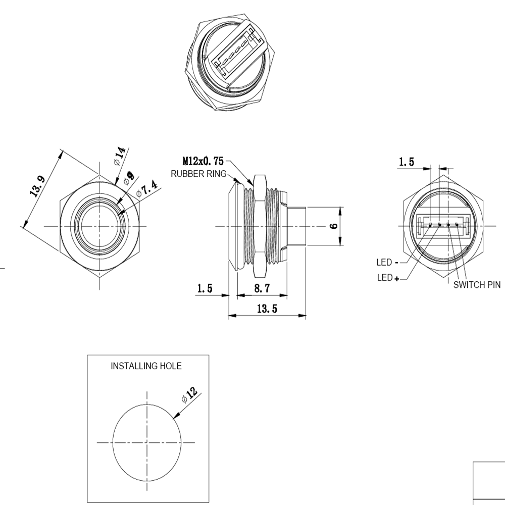 JK BMS Switch Dimensions — 12mm Momentary Push Button Size Reference