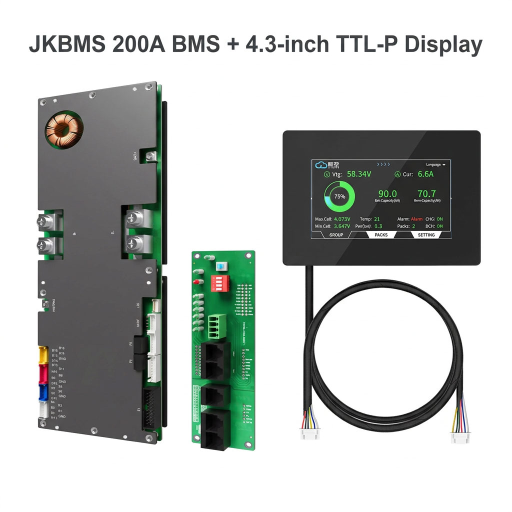 JKBMS JK-PB2A16S20P V19 200A BMS with interface board and LCD-4.3-TTL-P display on a white background