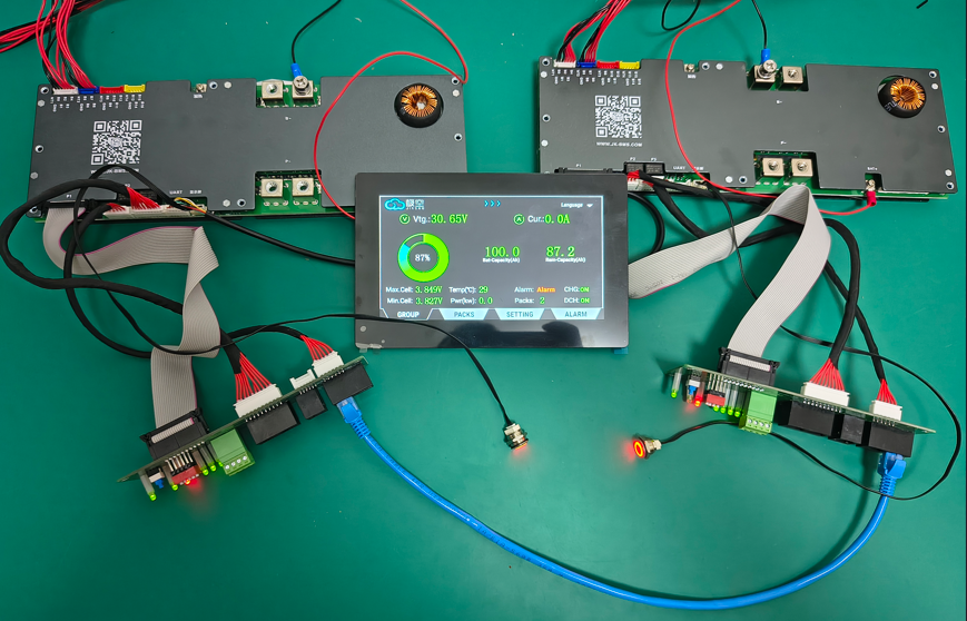 Overall view of two PB-series battery groups connected in parallel, with the main unit on the left and slave unit on the right