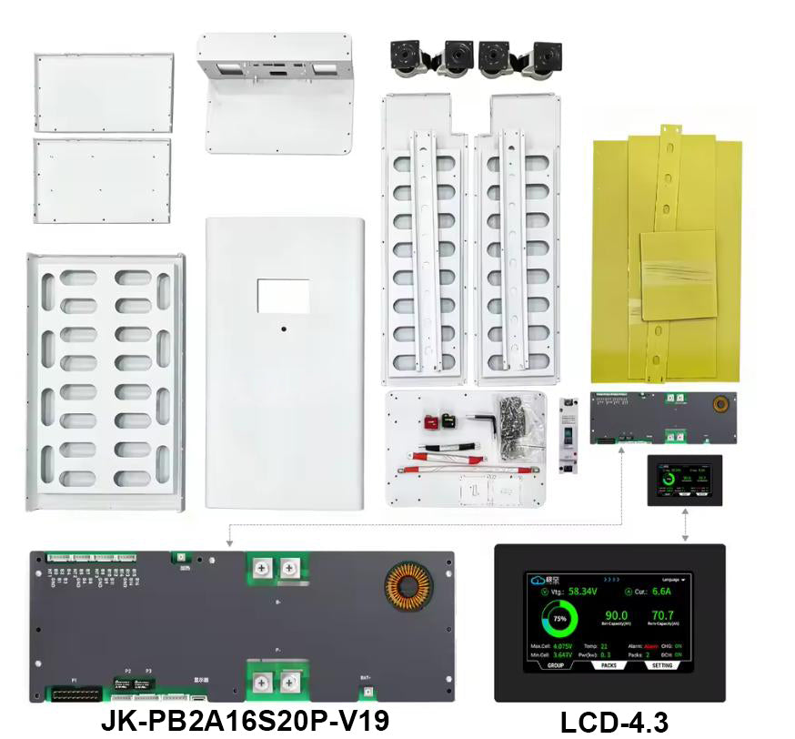 JKBMS ESS DIY Kits With Inverter BMS Roller & Vertical Chasis Lifepo4 51.2V 314Ah 16kWh Low Voltage Residential Chasis For Home Solar Energy Storage System EU Stock