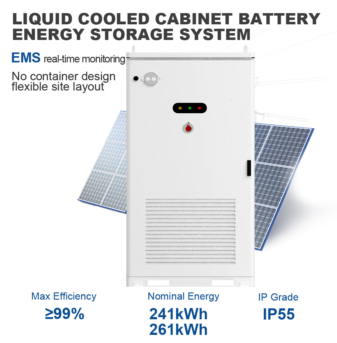 JKBMS BESS tout-en-un C&I | 241kWh / 261kWh Refroidissement liquide | LiFePO4 600-876V | PCS 125kW + MPPT solaire en option | Hybride / Hors réseau / Sur réseau