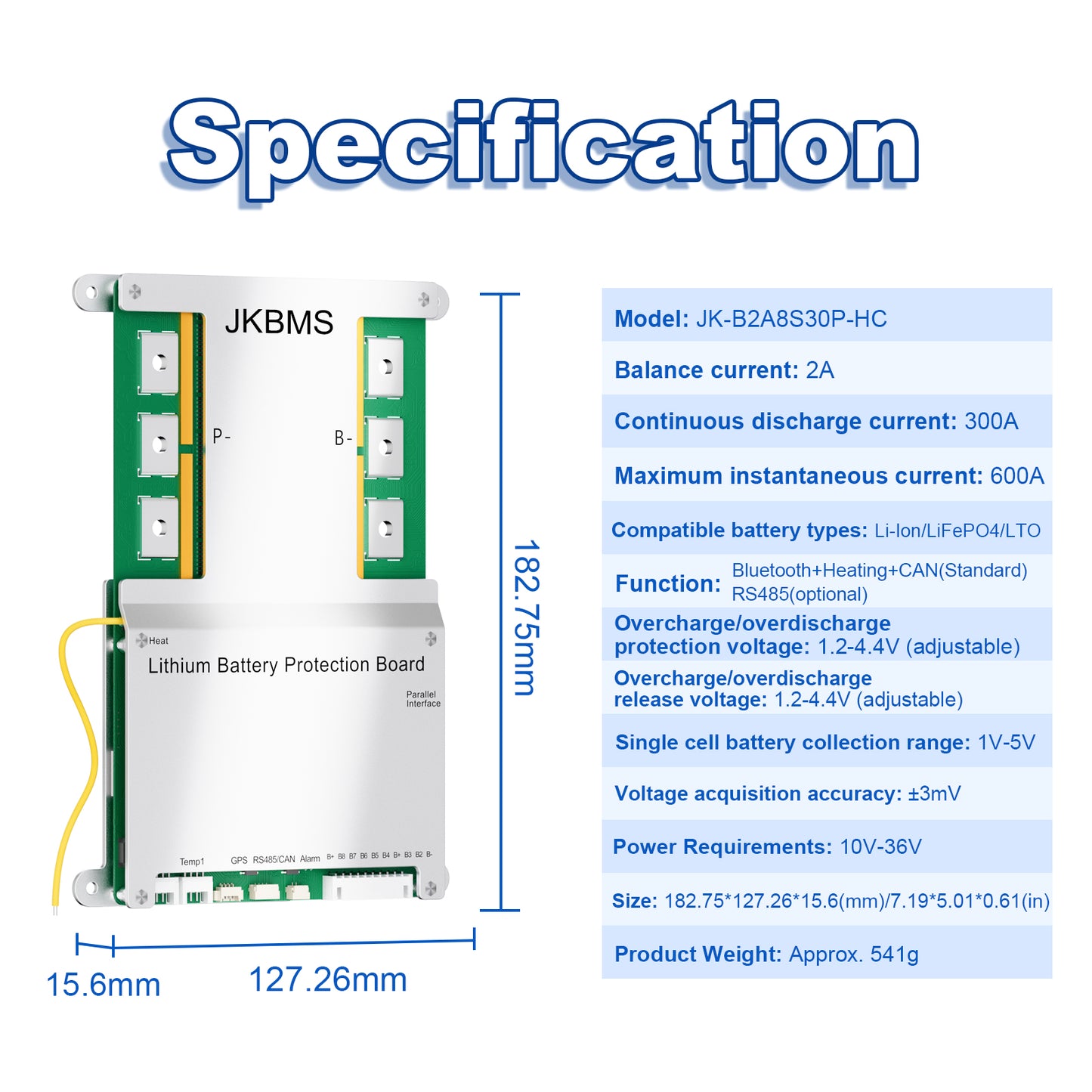 JKBMS Smart BMS 4S-8S 12V-24V 300A 2A Active Balance Build-in Bluetooth with Heat CAN RS485 PCB Battery Protection Board for LiFePO4 Li-ion LTO Battery Pack (JK-B2A8S30P-HC)