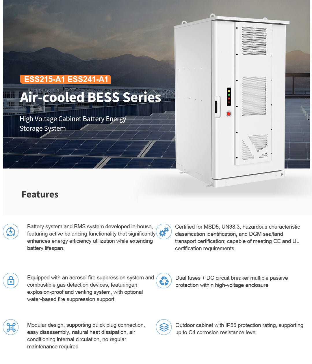 JKBMS C&I All-in-One BESS | 215kWh / 241kWh luftgekühlter Außenschrank | 768V LiFePO4 | 100kW Wechselrichter | Hybrid / Off-Grid / On-Grid