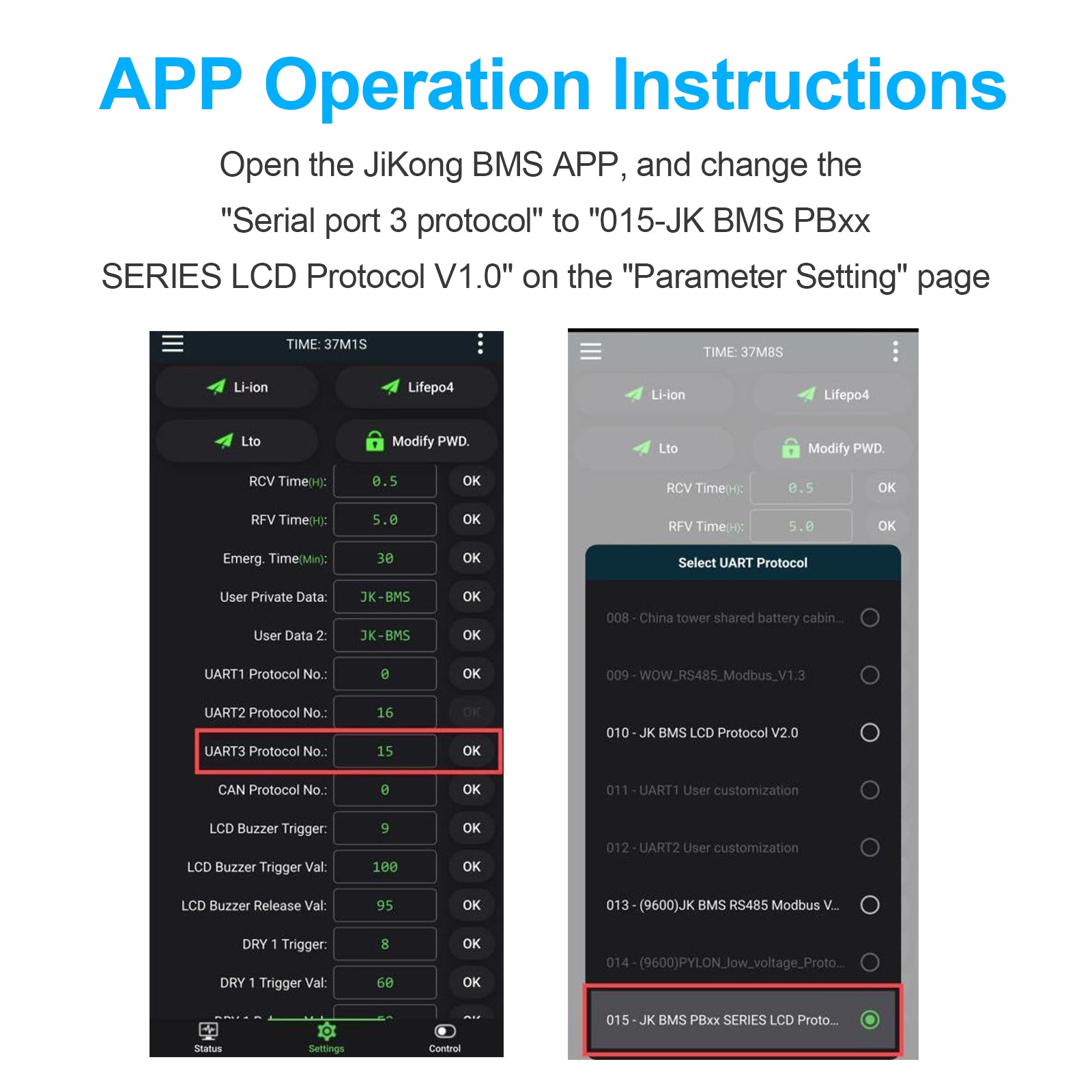 JKBMS LCD-4.3-TTL-P APP Settings Interface