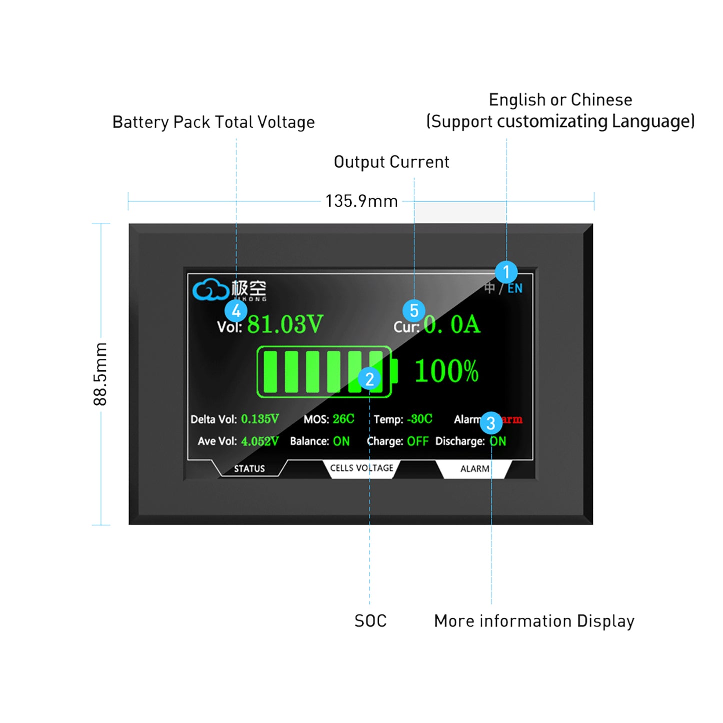 JKBMS Accessory 4.3 Inch LCD Touch Screen Monitor with Switch for JK BMS LiFePO4 Li-ion Battery Protection Board