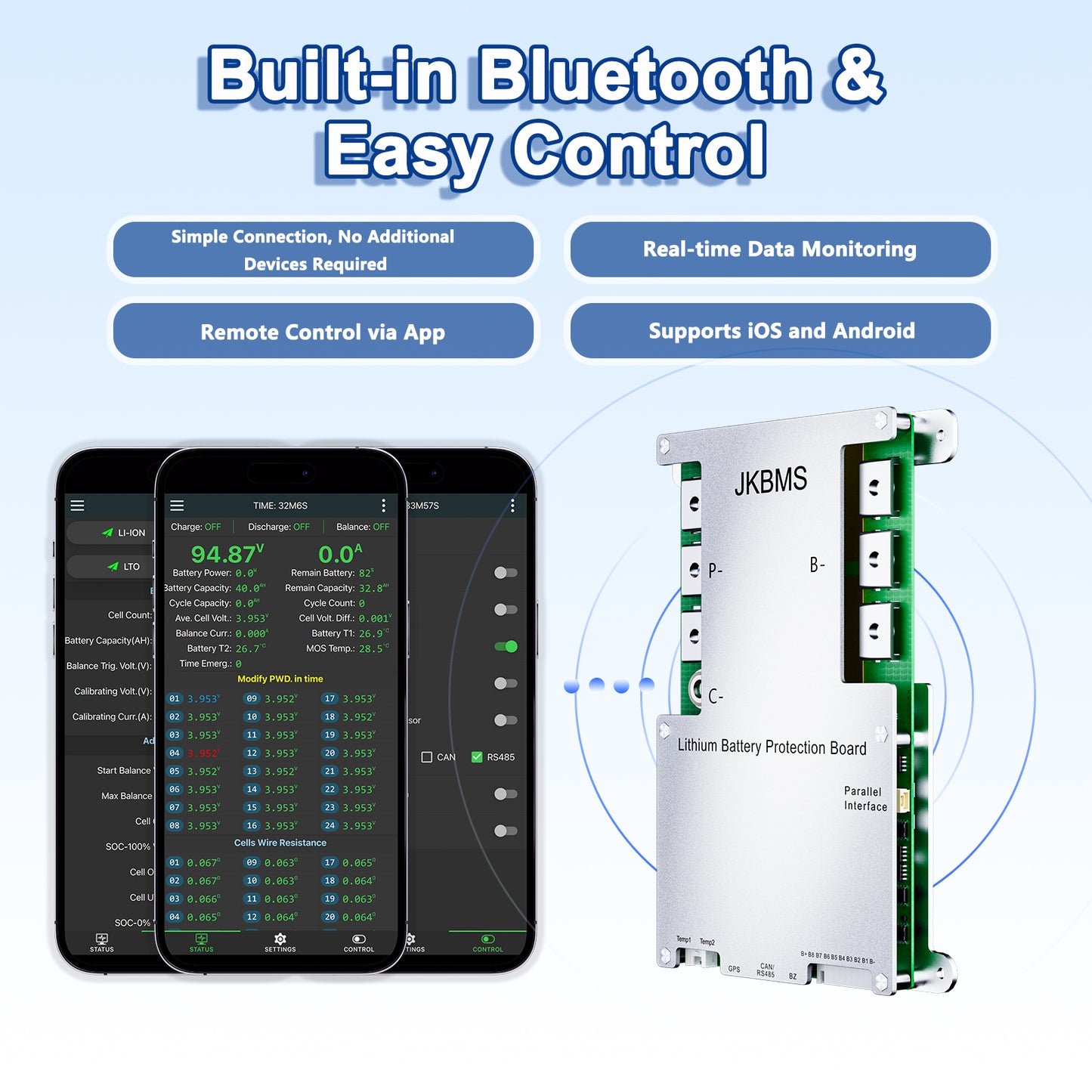 JKBMS JIKONG Smart BMS 8S-24S 24V-72V 300A 2A Active Balance Built-in Bluetooth with RS485 PCB Battery Protection Board for Li-ion LiFePO4 LTO
