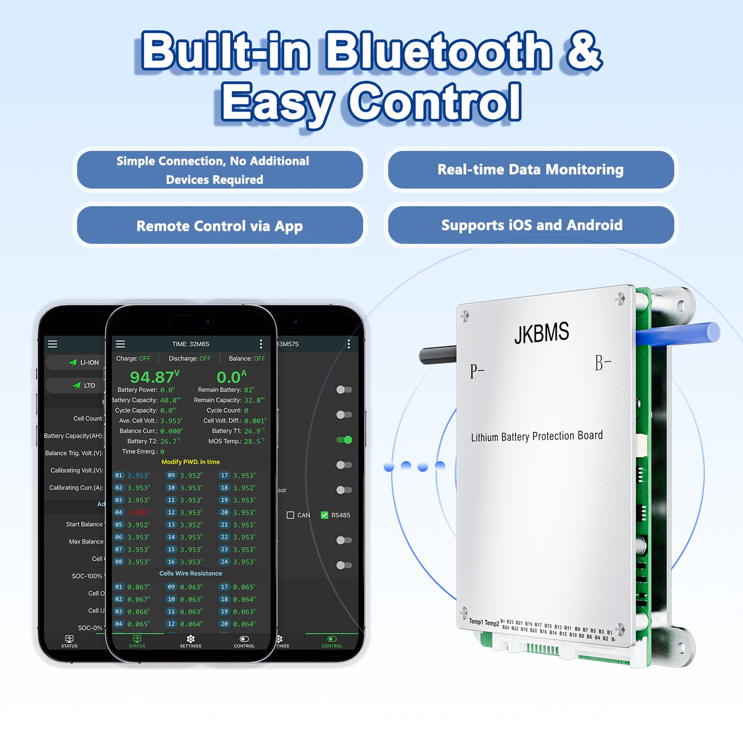 JKBMS Smart BMS 8S-20S 40A 0.4A Active Balance Built-in Bluetooth with RS485 PCB Battery Protection Board Li-ion LiFePO4 LTO Lithium Battery Pack (JK-BD4A20S4P)
