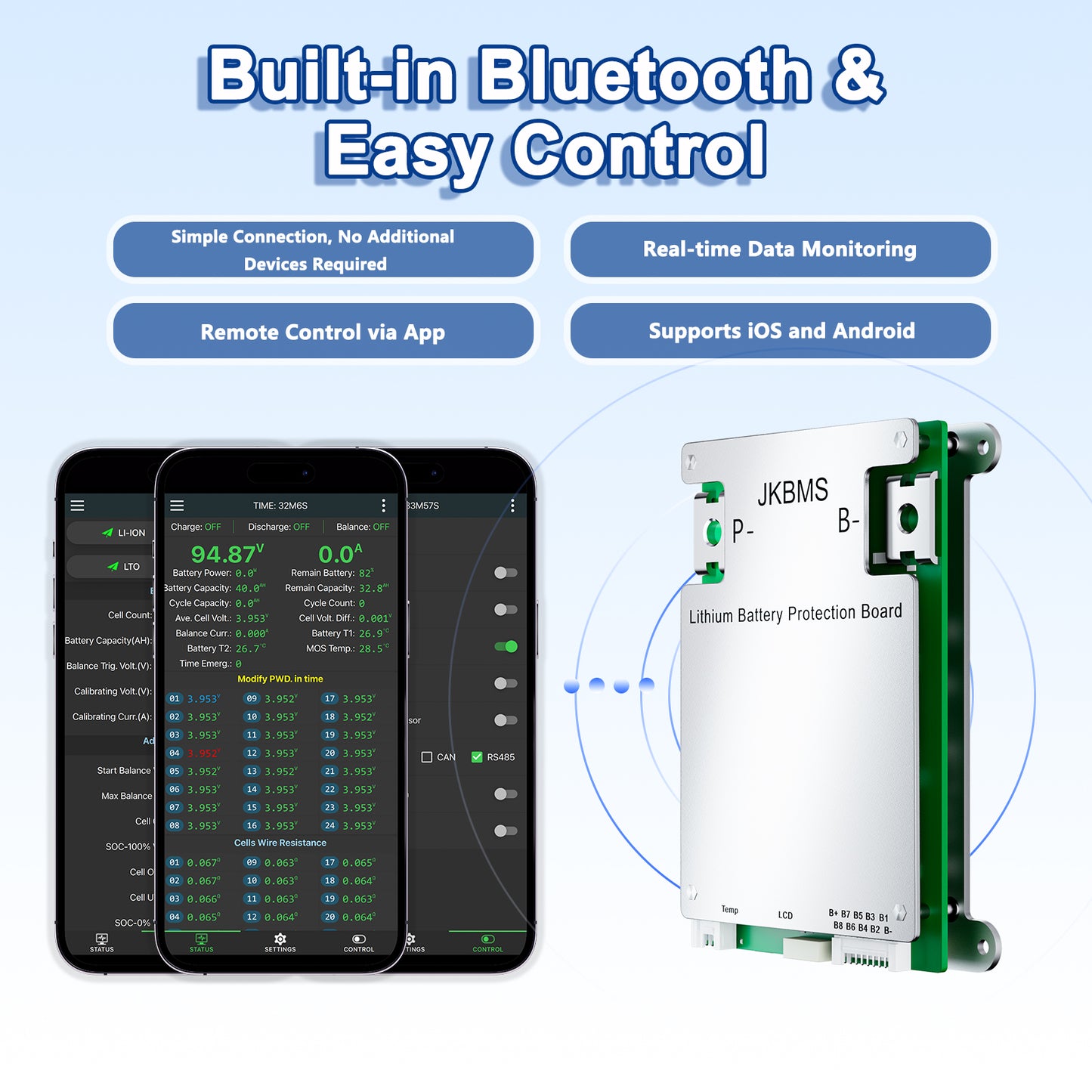 JKBMS Smart BMS 4S-8S 40A 0.4A Active Balance Built-in Bluetooth with RS485 PCB Battery Protection Board Li-ion LiFePO4 LTO Battery Pack (JK-BD4A8S4P)