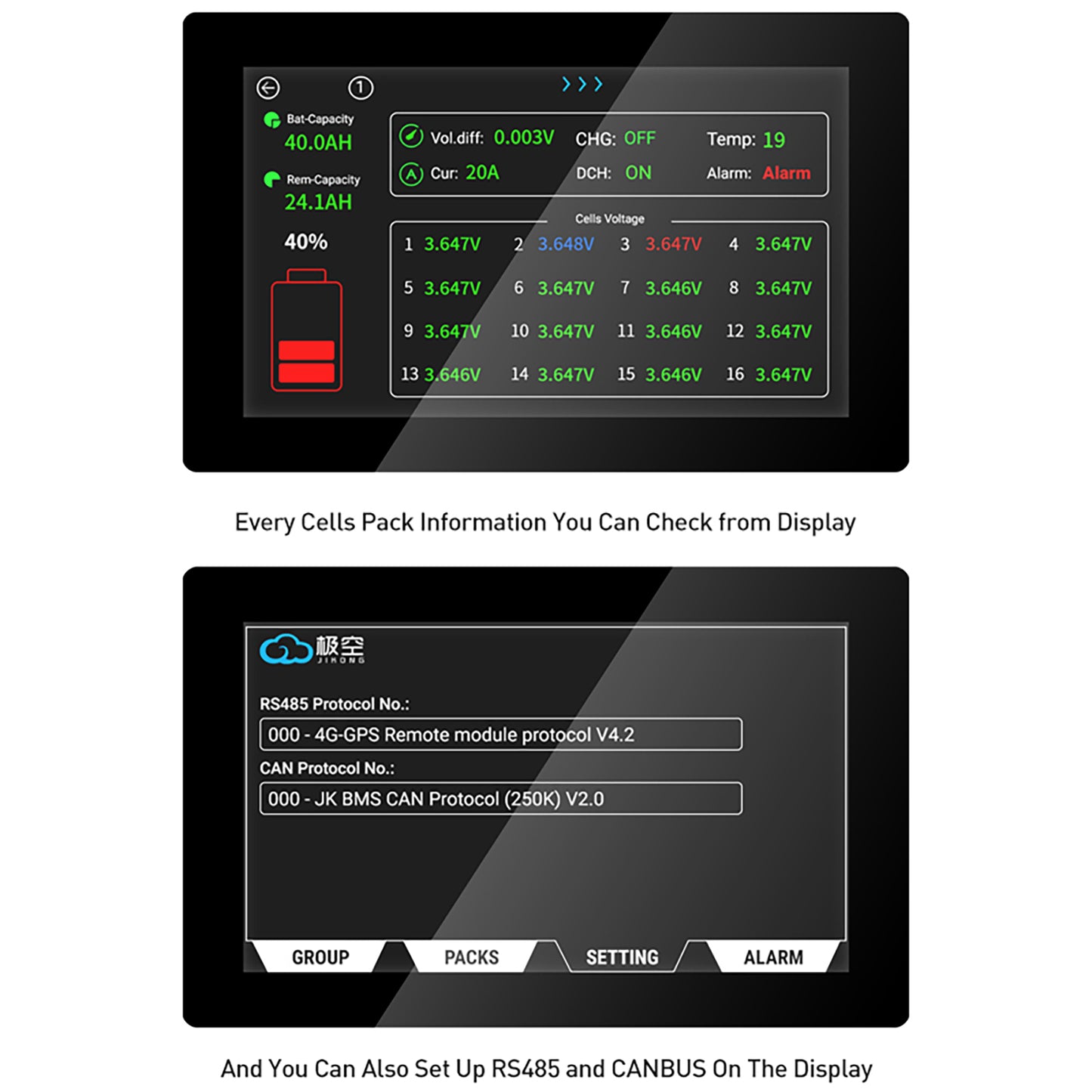 JKBMS LCD-7.0-TTL-P Protocol Selection Interface