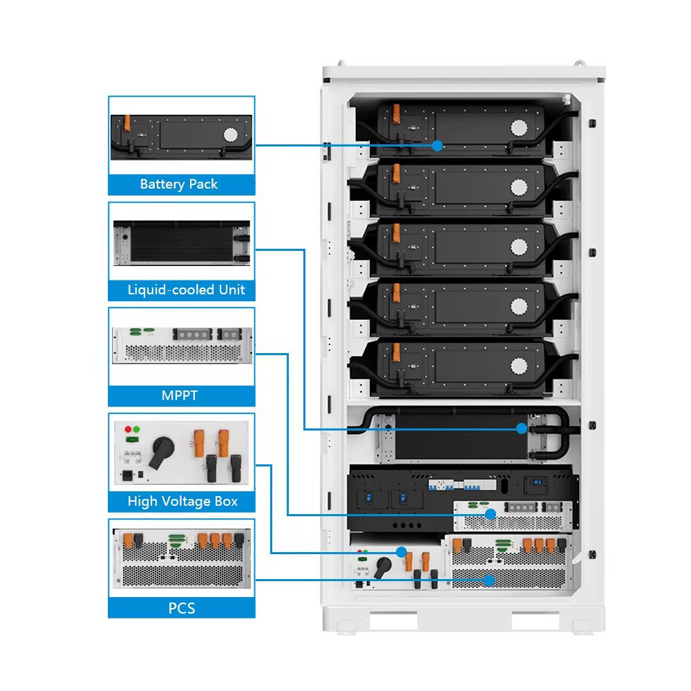 JKBMS BESS tout-en-un C&I | 241kWh / 261kWh Refroidissement liquide | LiFePO4 600-876V | PCS 125kW + MPPT solaire en option | Hybride / Hors réseau / Sur réseau