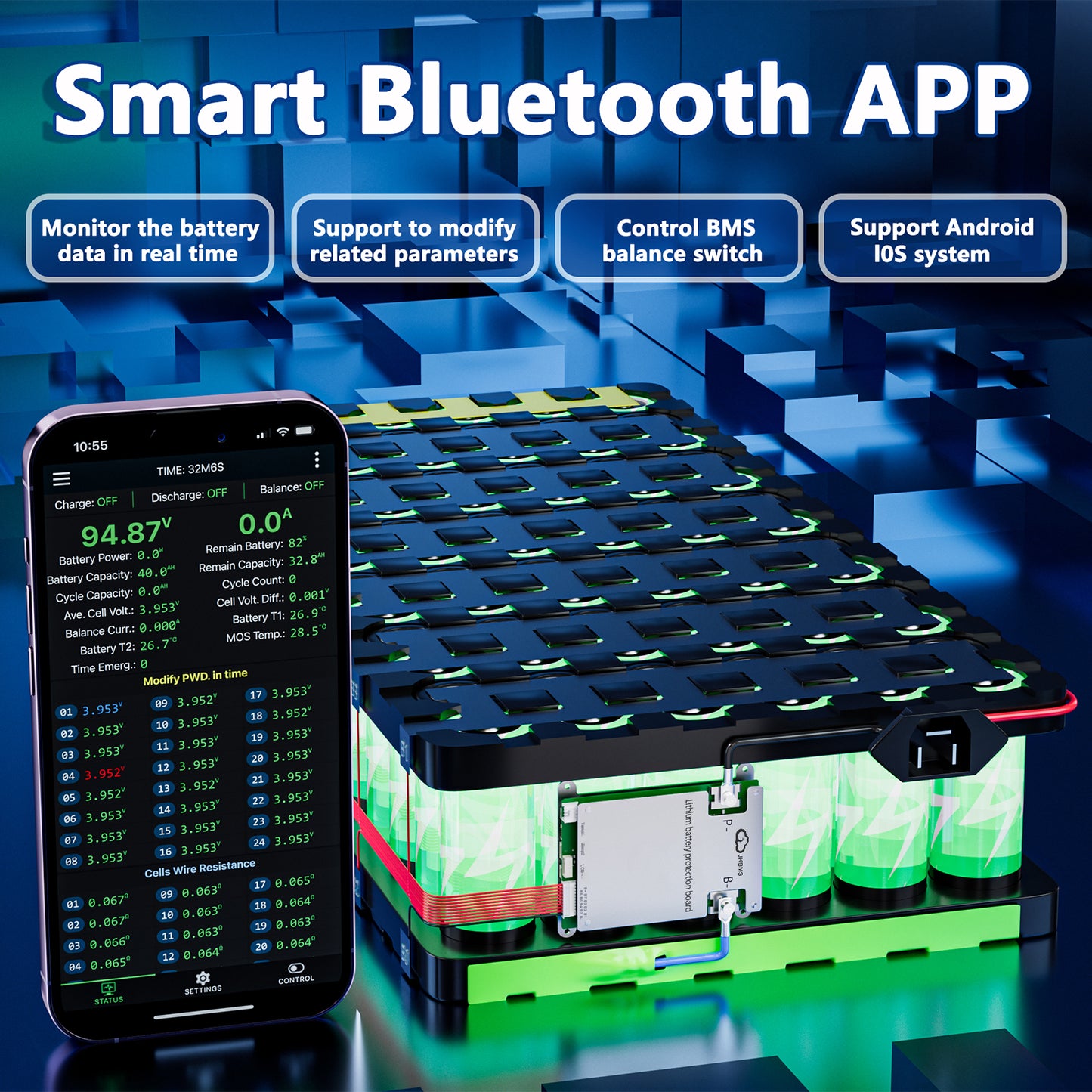 JKBMS Smart BMS 4S-8S 40A 0.4A Active Balance Built-in Bluetooth with RS485 PCB Battery Protection Board Li-ion LiFePO4 LTO Battery Pack (JK-BD4A8S4P)