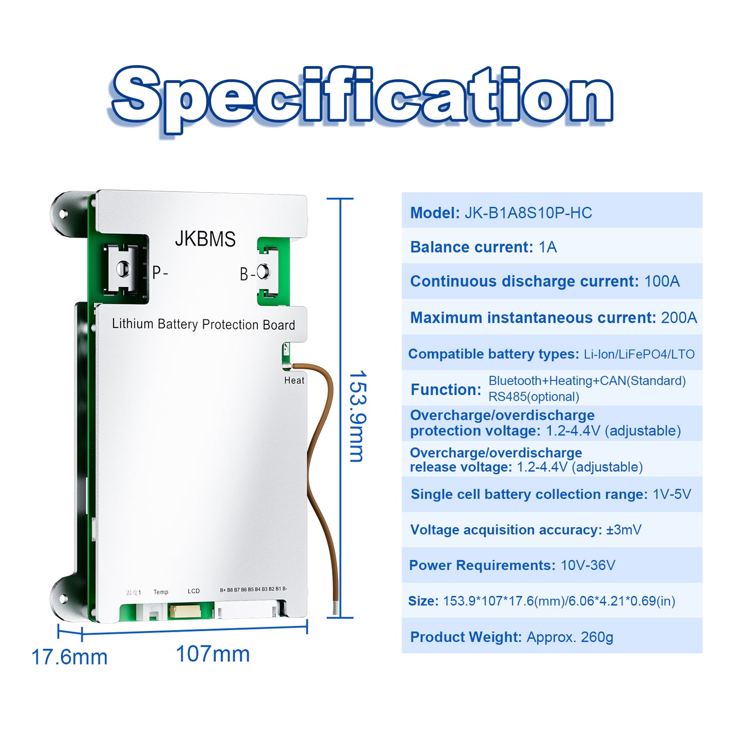JKBMS JK-B1A8S10P-HC Dimensions & Parameter Chart