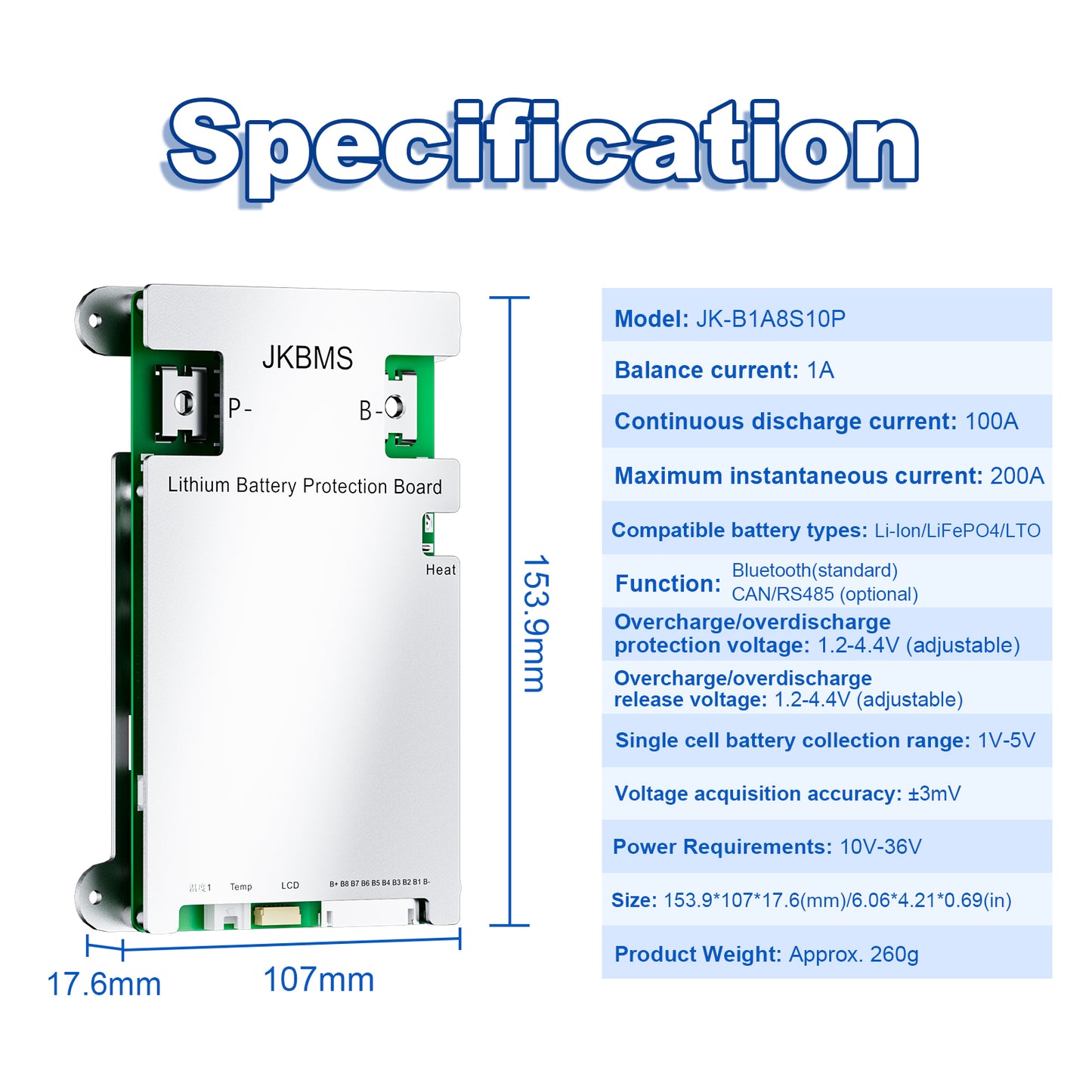 JKBMS Smart BMS 4S-8S 100A 1A Active Balance Built-in Bluetooth with CAN RS485 PCB Battery Protection Board for LiFePO4 Li-ion LTO Battery Pack (JK-B1A8S10P)