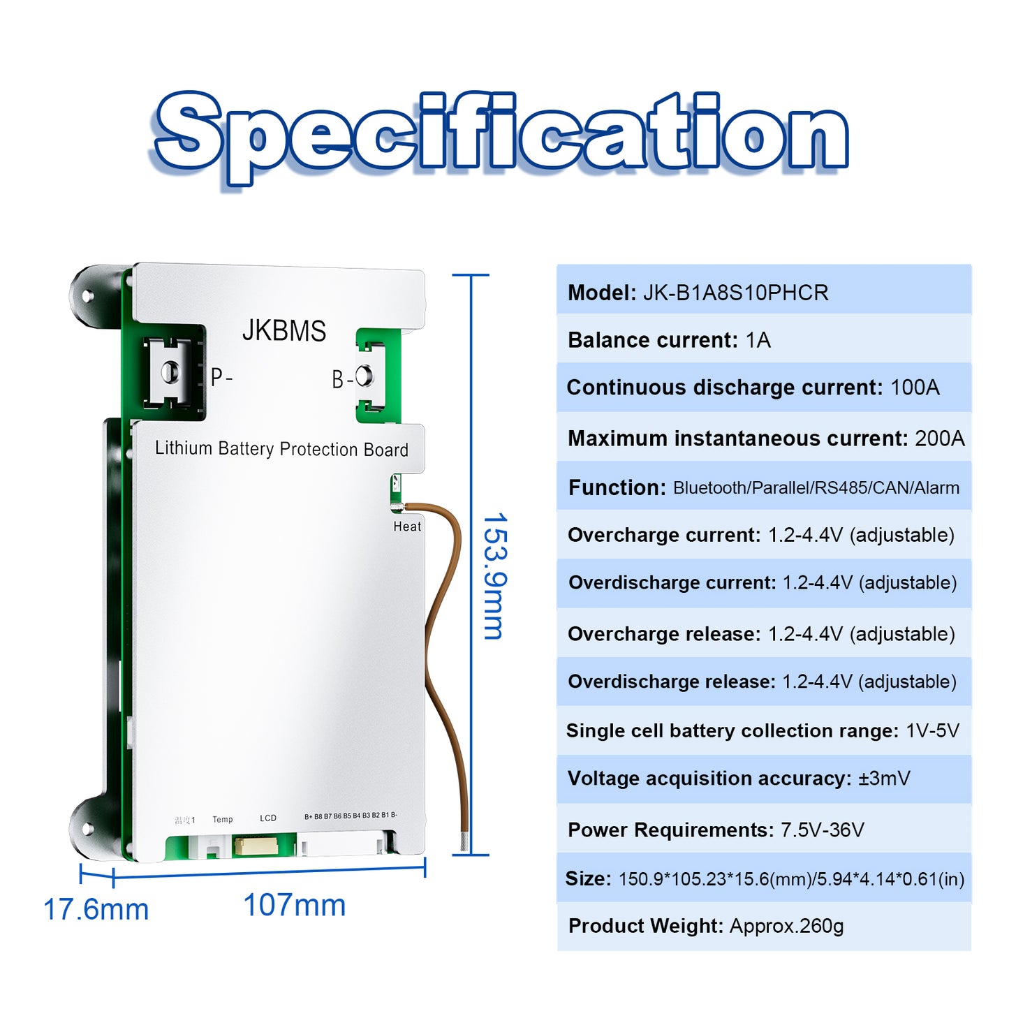 JKBMS 4S-8S 12V-24V 100A 1A Active Balance with Bluetooth Battery Protection Board for LiFePO4, Li-ion, LTO Battery Pack Smart BMS with Heating, CAN, RS485, (JK-B1A8S10P-HCR)