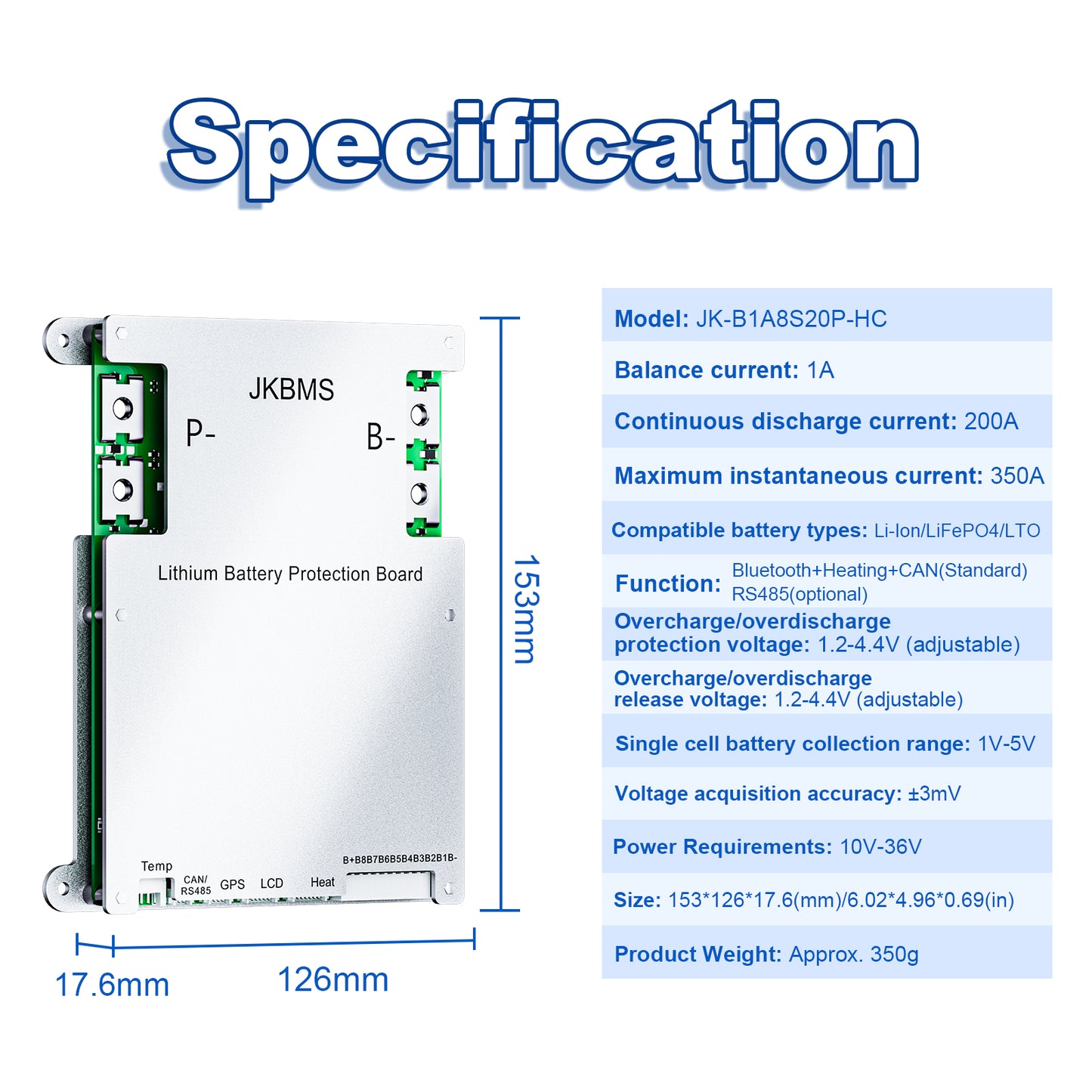 JKBMS JK-B1A8S20P-HC Dimensions & Parameter Chart