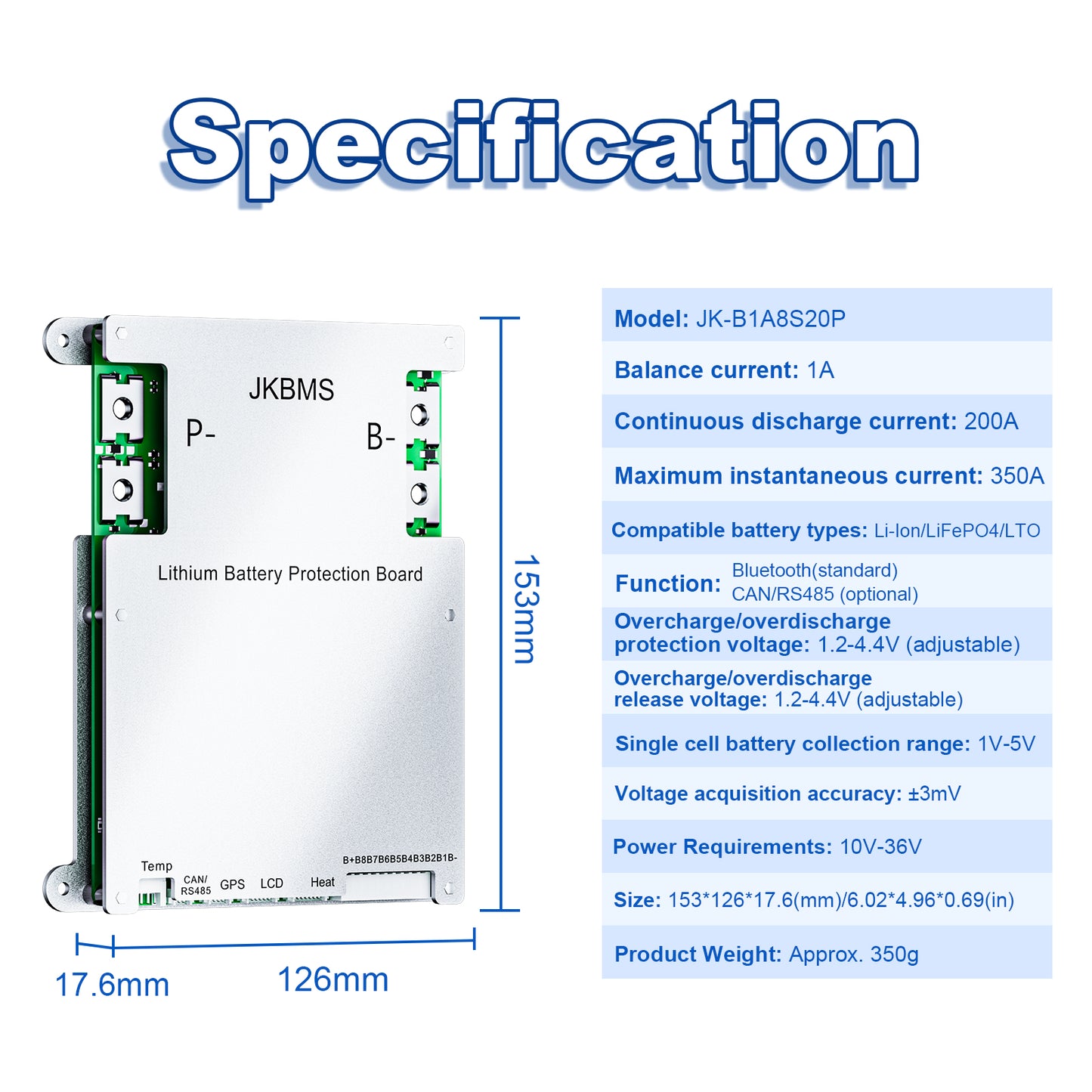 JKBMS Smart BMS 4S-8S 200A 1A Active Balance Built-in Bluetooth with RS485 PCB Battery Protection Board for LiFePO4 Li-ion LTO Battery Pack(JK-B1A8S20P)