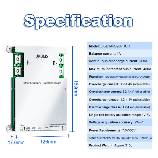 JKBMS Smart BMS with Heating, CAN, RS485, 4S-8S 12V-24V 200A 1A Active Balance with Bluetooth Battery Protection Board for LiFePO4, Li-ion, LTO Battery Pack (JK-B1A8S20P-HCR)