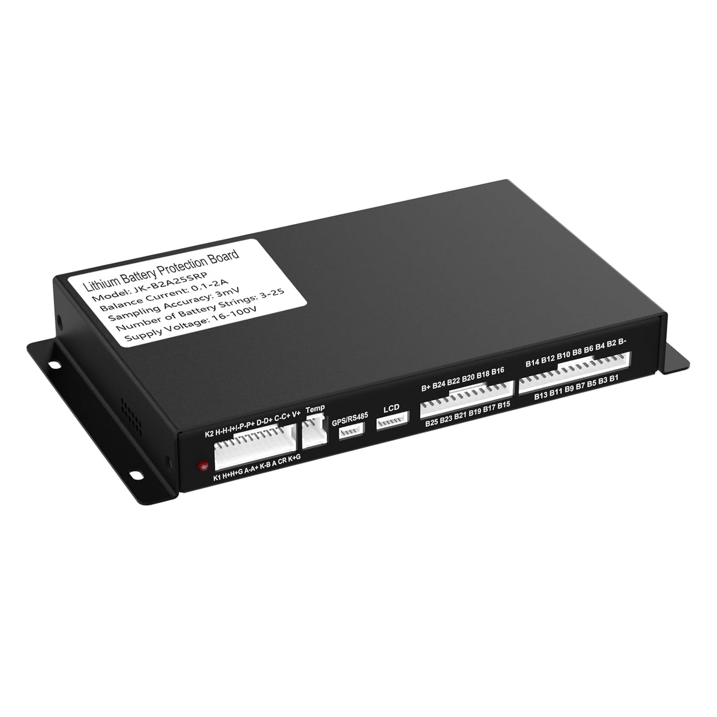 JKBMS JK-B2A25S-RP side view — compact relay-type BMS housing dimensions and port layout