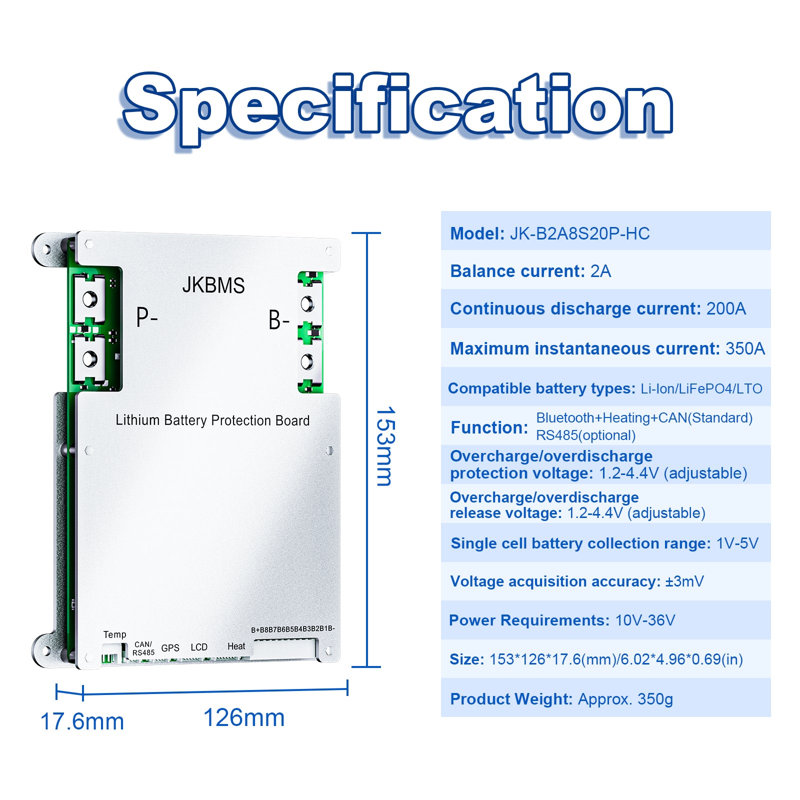 JKBMS JK-B2A8S20P-HC Dimensions & Parameter Chart
