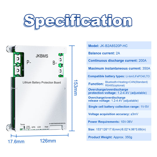 JKBMS Smart BMS with Heat CAN RS485 4S-8S 12V-24V 200A 2A Active Balance BMS with Bluetooth Battery Protection Board for LiFePO4 Li-ion LTO Battery Pack (JK-B2A8S20P-Heat-CAN)