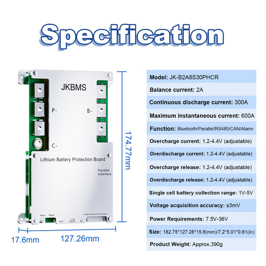 JKBMS Smart BMS with Heating, CAN, RS485, 4S-8S 12V-24V 300A 2A Active Balance with Bluetooth Battery Protection Board for LiFePO4, Li-ion, LTO Battery Pack (JK-B2A8S30P-HCR)