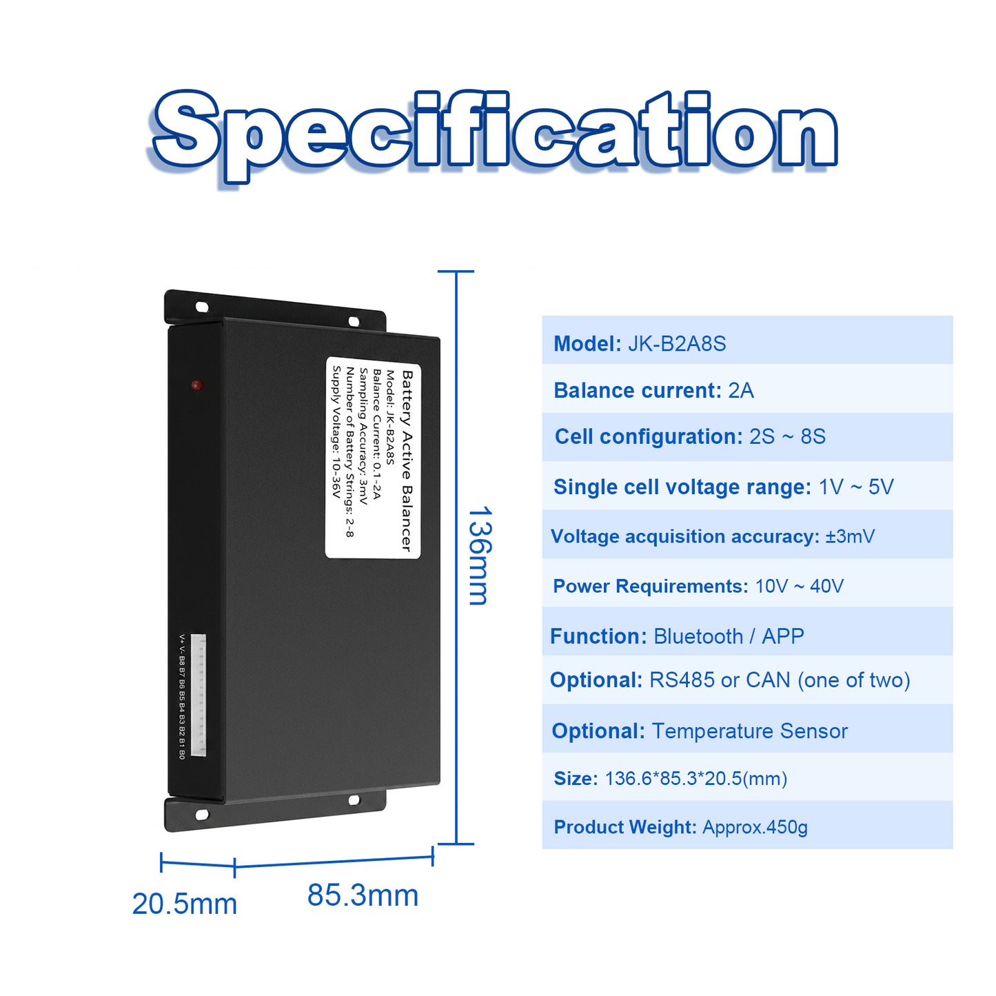 JKBMS Active Balancer JK-B2A8S — 2A 2~8S Battery Equalizer