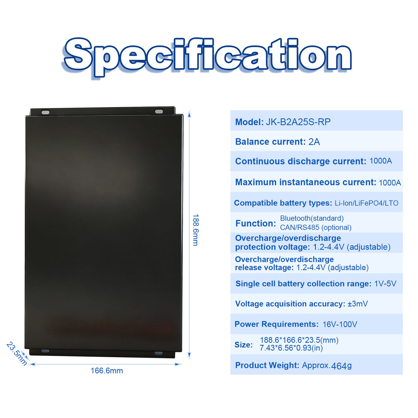 JKBMS JK-B2A25S-RP technical specifications chart — cell string support, balance current, voltage range and operating conditions