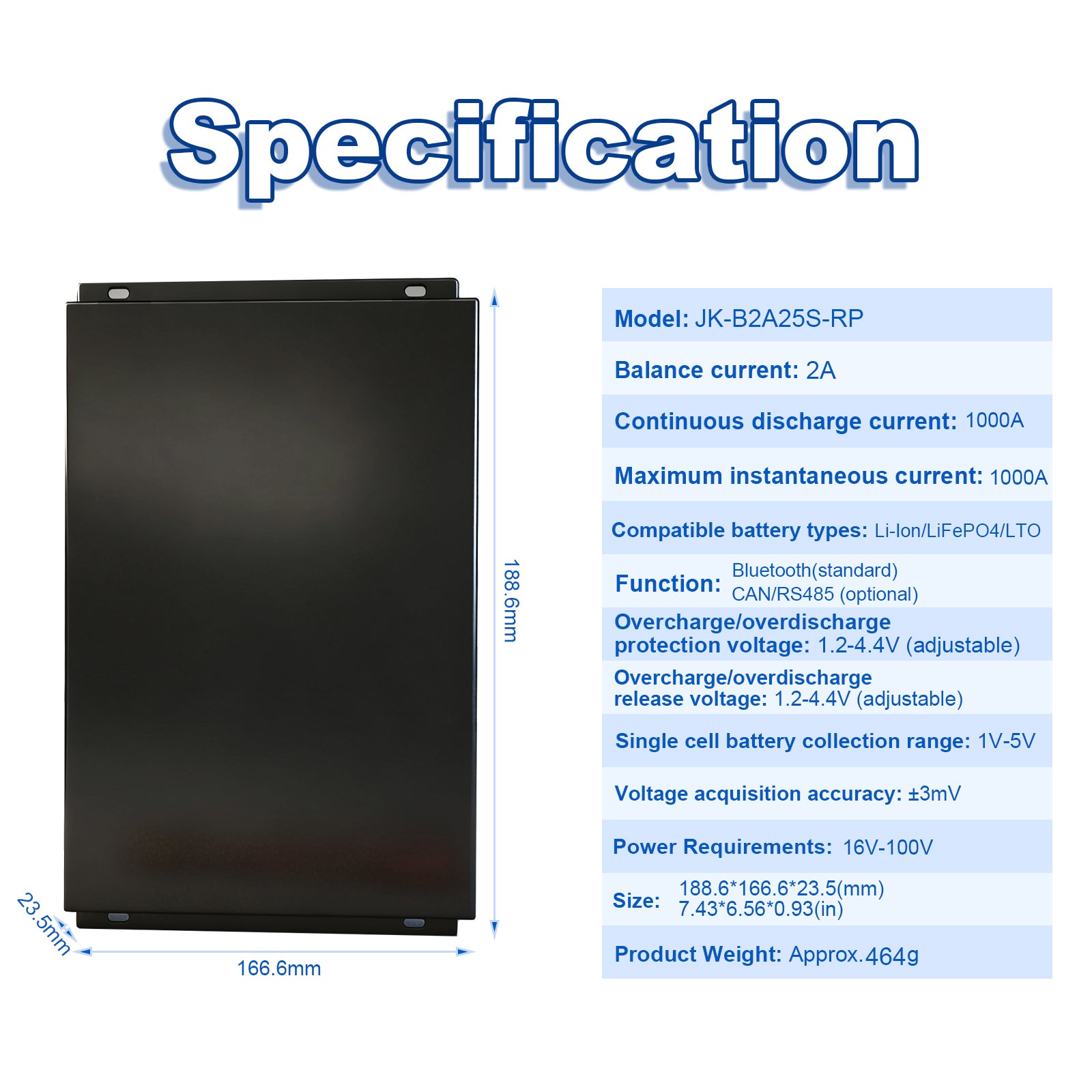 JKBMS JK-B2A25S-RP technical specifications chart — cell string support, balance current, voltage range and operating conditions