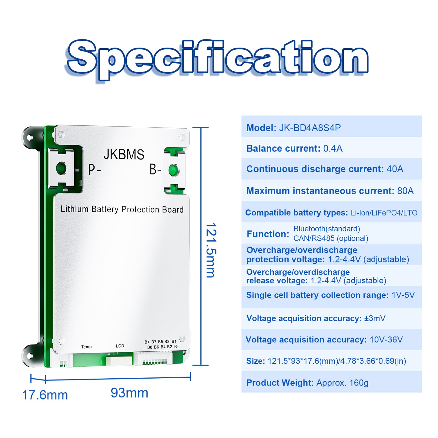 JKBMS Smart BMS 4S-8S 40A 0.4A Active Balance Built-in Bluetooth with RS485 PCB Battery Protection Board Li-ion LiFePO4 LTO Battery Pack (JK-BD4A8S4P)