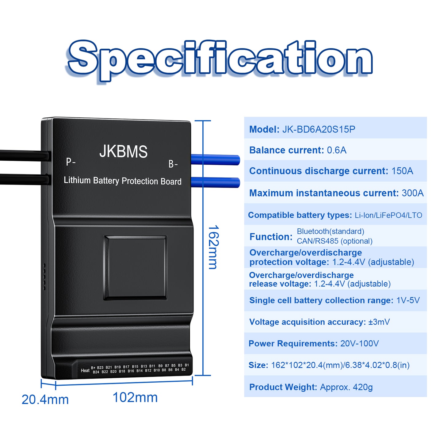 JKBMS Smart BMS 8S-20S 24V-60V 150A 0.6A Active Balance Built-in Bluetooth with RS485 PCB Battery Protection Board for Li-ion LiFePO4 LTO Battery Pack (JK-BD6A20S15P)
