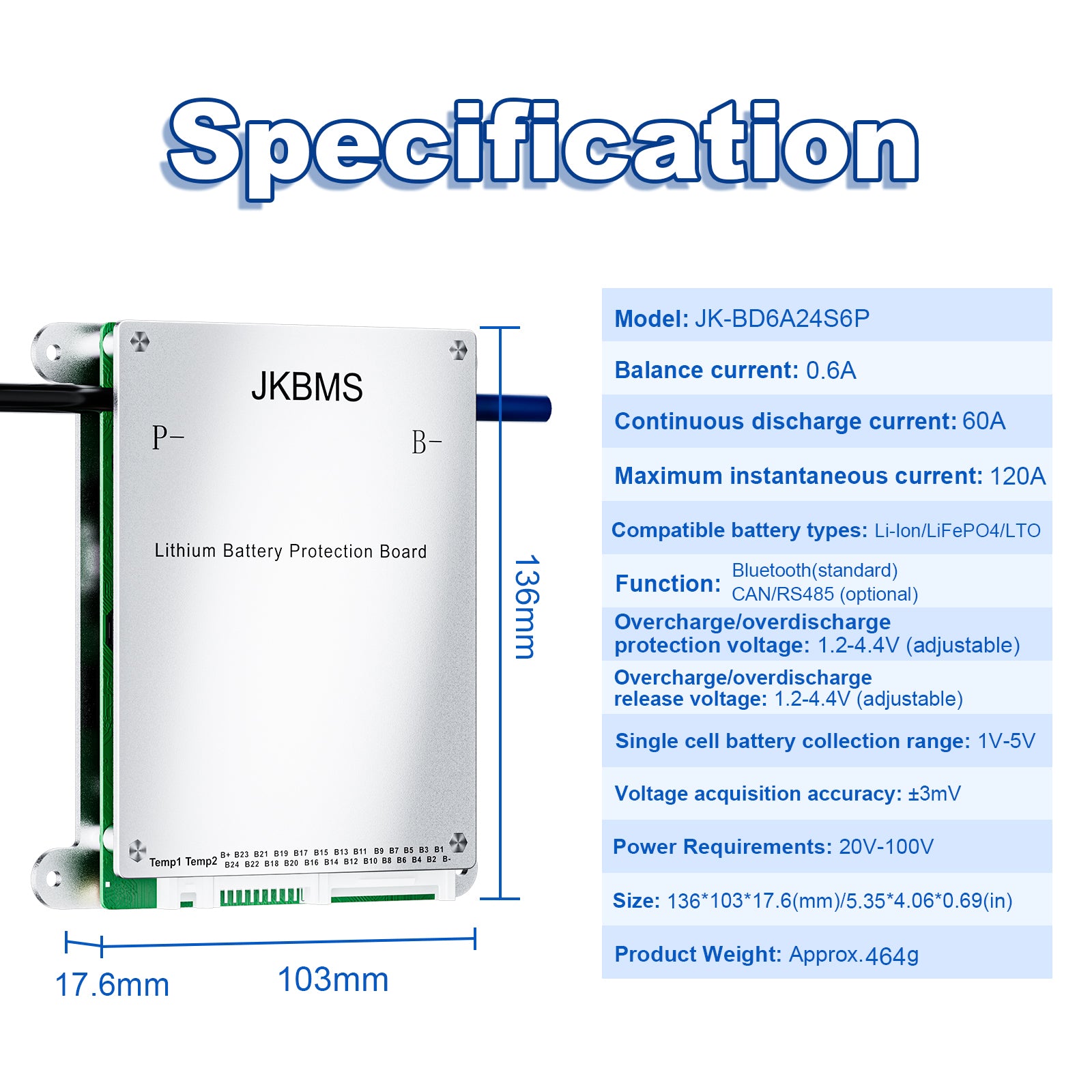 JKBMS JK-BD6A24S6P Dimensions & Parameter Chart