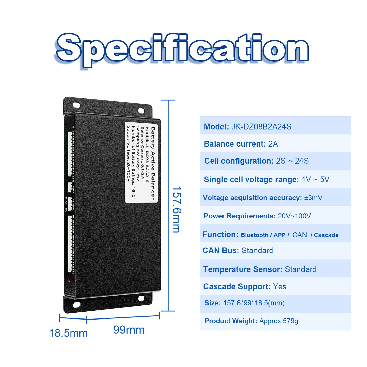 JKBMS Active Balancer JK-DZ08B2A24S — 2A 2~24S CAN Battery Equalizer with Cascade