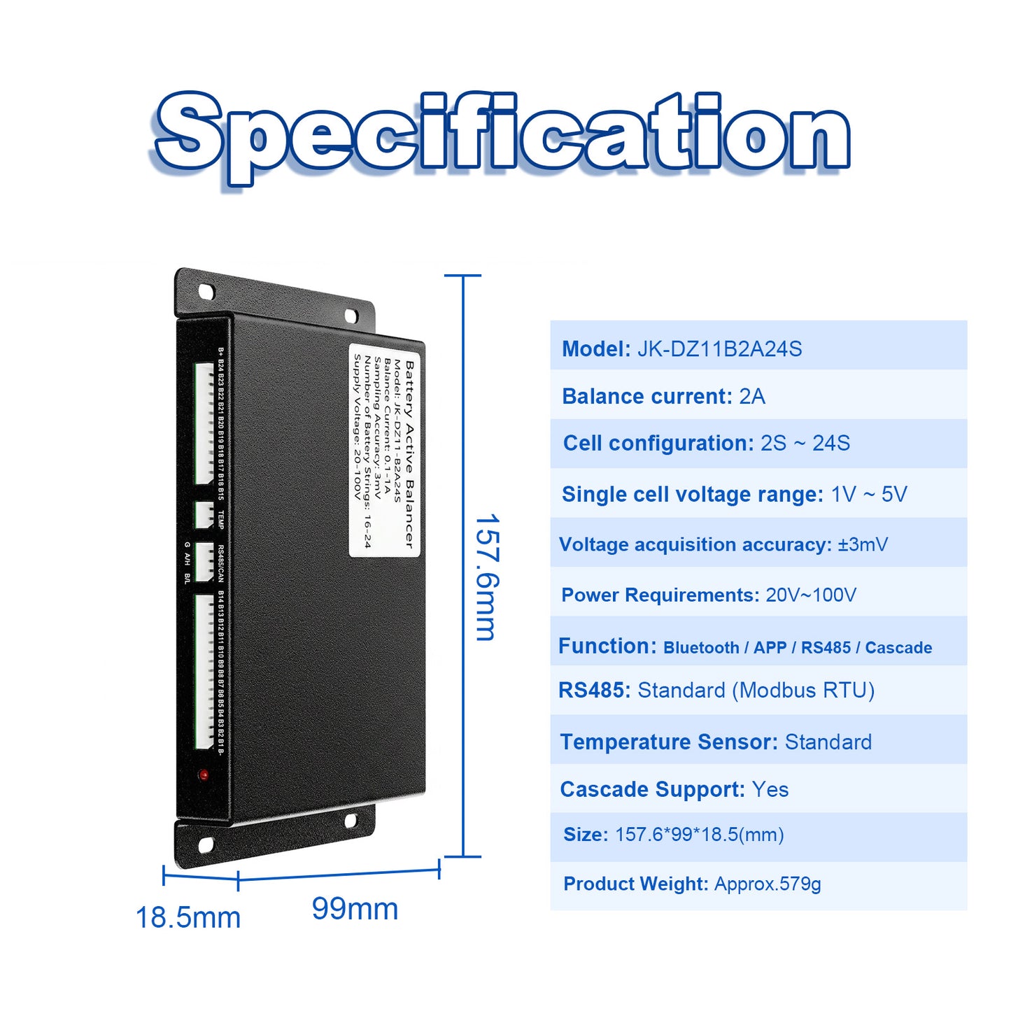 JKBMS Active Balancer JK-DZ11B2A24S — 2A 2~24S RS485 Battery Equalizer with Cascade