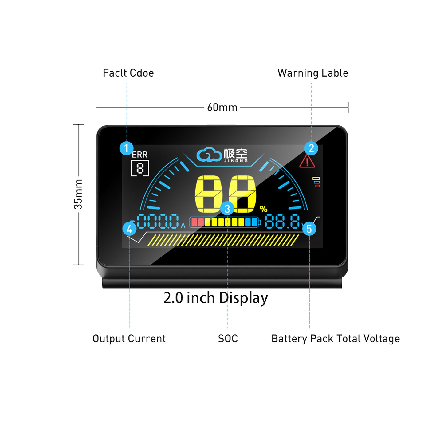 JKBMS 2 Inch LCD Display Dimensions & Display Function Areas