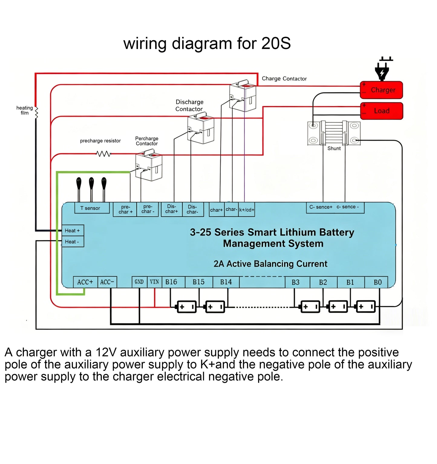 JKBMS JK-B2A25S-RP wiring diagram — relay-type BMS connection guide for charge, discharge, pre-charge relay, RS485, CAN, temperature sensors and Bluetooth