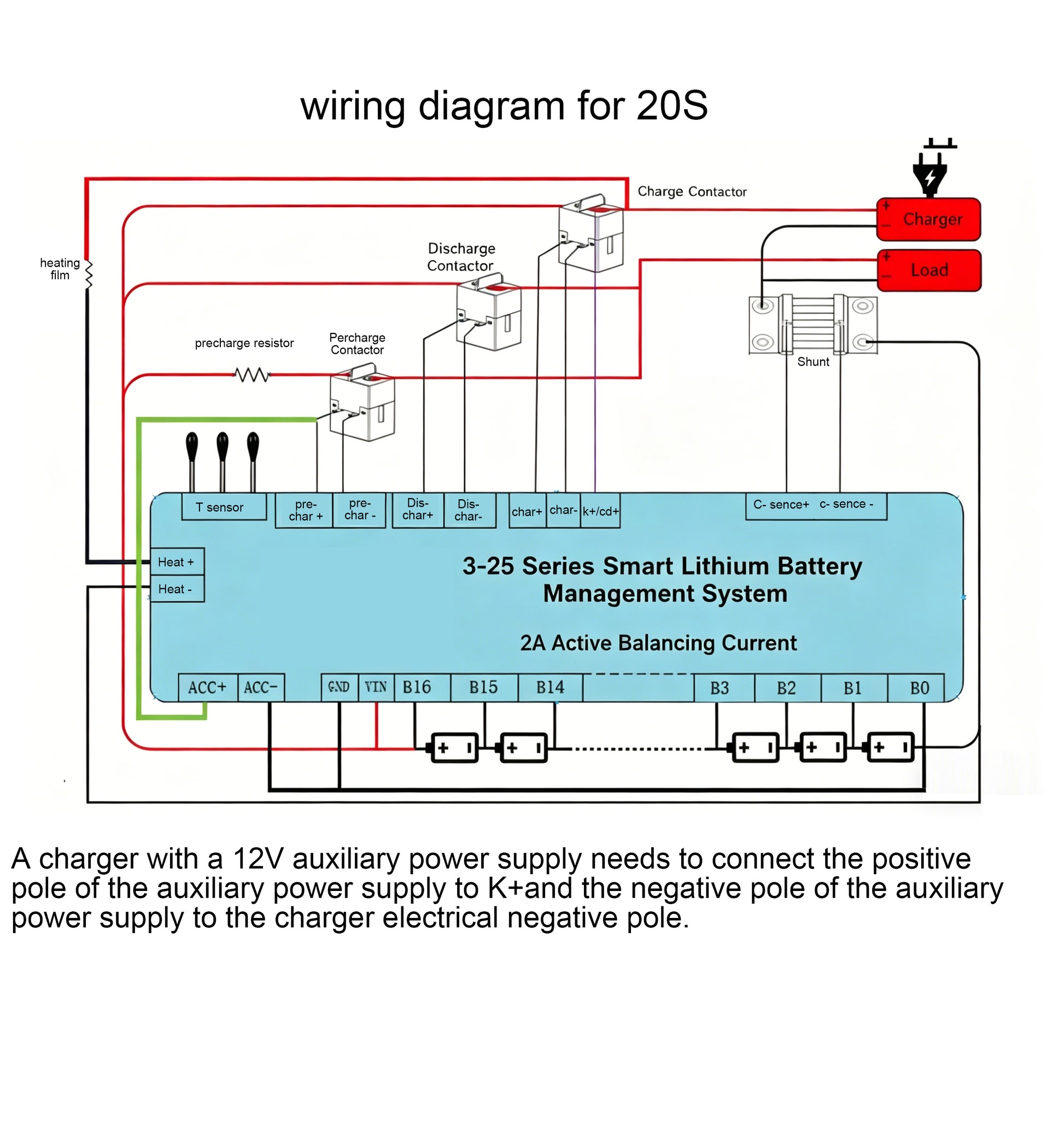 JKBMS JK-B2A25S-RP wiring diagram — relay-type BMS connection guide for charge, discharge, pre-charge relay, RS485, CAN, temperature sensors and Bluetooth